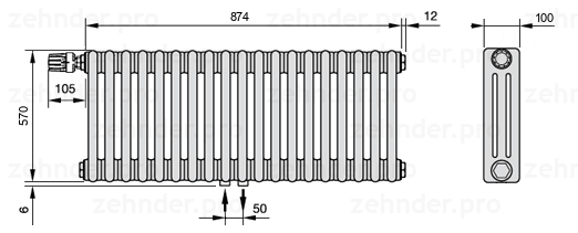 Схема (чертеж) Радиатор Zehnder Charleston 3057/19 №V007 Technoline TL